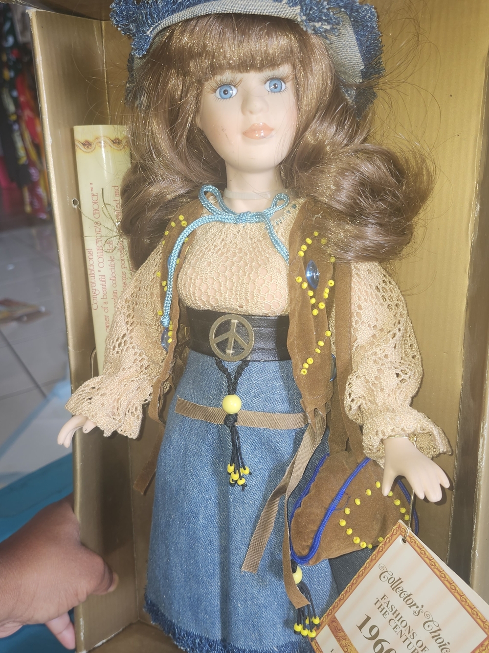 Vintage Style Peace Sign Doll in Denim & Brown